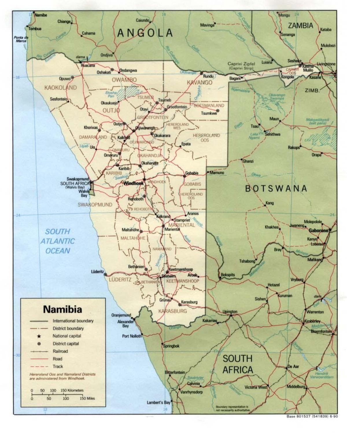 Namiibia kaart, millel kõik linnad